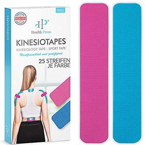 Health Press® Kinesiotape Strips – 50 Stuks Blauw + Roze (25cm x 5cm) Vooraf Gesneden Kinesiologie Tape | Fysio- en Sporttape | Waterdicht en Elastisch | Huidvriendelijke Tape
