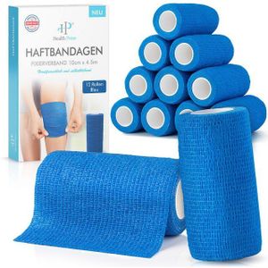 Health Press® Zelfklevend Verband – 12 Rollen Blauw (10cm x 4,5m) | Cohesieve Bandage | Elastisch Fixatieverband voor Mens & Dier | Water-, Stof- en Vuilafstotend