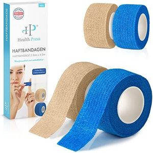 Health Press® Vingerpleisters, zelfklevend, 4x pleisterrol (2,5 cm x 4,5 m), verband zelfklevend, elastische tape, waterdicht, stof-, vet- en vuilafstotende pleistertape (2 blauw + 2 beige)