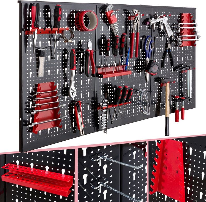 AREBOS Gereedschapswand Gereedschapsbord Rood Zwart Metaal met Hakenassortiment