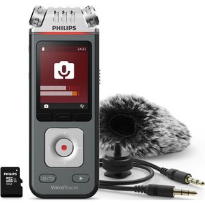Philips DVT71132 VoiceTracer Audio recorder - 3MIC Stereo MP3/PCM - 24-bits/96 kHz - 8GB - Smartphone app Android/iOS - USB-C - DSLR-camerabevestiging set - incl. micro SD 32 GB kaart