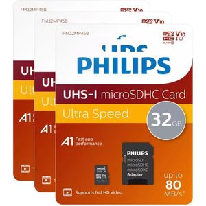 3 stuks Philips FM32MP45 Flashgeheugen Micro SDHC - 32GB microSD + Adapter, Klasse 10 UHS-I