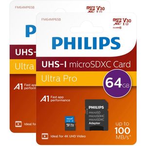 Philips FM64MP65B Micro SDXC kaart - 64GB incl. adapter - Class 10 - UHS-I U3 - 2-Pack