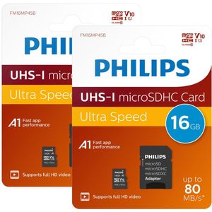 Philips FM16MP45B/20 - Micro SDHC kaart 16GB incl. adapter - Class 10 - UHS-I U1 - 2-Pack