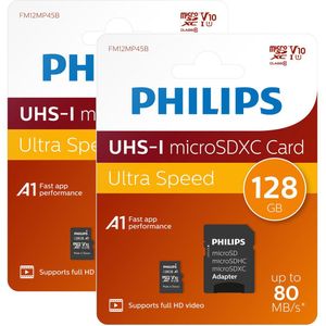 2 Stuks Philips micro SDXC kaart 128 GB - Class 10 UHS-I - Inclusief adapter - 2-Pack