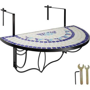tectake® Mozaïek Balkonhangtafel - Halfrond Design - Opklapbare Balkontafel met Massief Stenen Mozaïk Tafelblad - Balkontafel met Metalen Haken - Hangtafel voor Terras en Balkon - Blauw/Wit