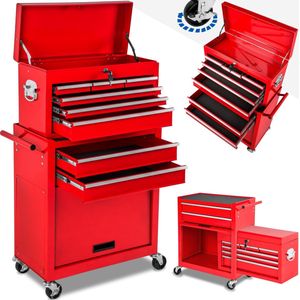tectake® Werkplaatswagen met Kofferbevestiging - Afsluitbare Gereedschapswagen met 10 Vakken - Mobiele Werkbank van Staal - Wielen met Rem - Lege Gereedschapswagen, Gereedschapskast - Rood