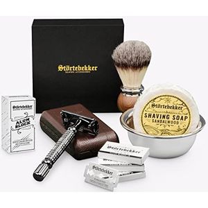 Störtebekker® premium scheerset in handgemaakte lederen etui - inclusief scheerkwast, scheerkom, scheerzeep, aluinsteen en scheermesjes - hoogwaardige scheerset voor nat scheren