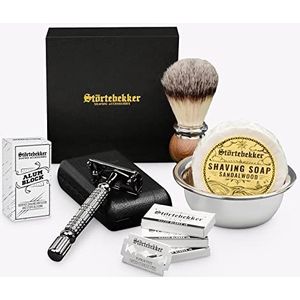 Störtebekker® premium scheerset in handgemaakte lederen etui - inclusief scheerkwast, scheerkom, scheerzeep, aluinsteen en scheermesjes - hoogwaardige scheerset voor nat scheren