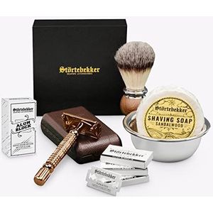 Störtebekker® premium scheerset in handgemaakte lederen etui - inclusief scheerkwast, scheerkom, scheerzeep, aluinsteen en scheermesjes - hoogwaardige scheerset voor nat scheren