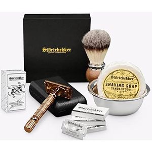 Störtebekker® premium scheerset in handgemaakte lederen etui - inclusief scheerkwast, scheerkom, scheerzeep, aluinsteen en scheermesjes - hoogwaardige scheerset voor nat scheren