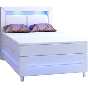 Boxspringbed / Boxspring Norfolk - 120 x 200 cm - Wit - LED - Incl. Matras & Topper