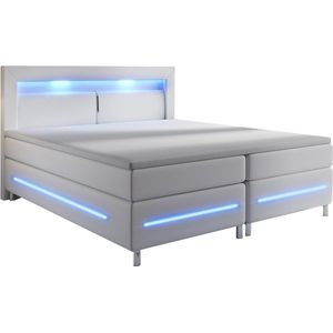 Boxspringbed / Boxspring Norfolk - 180 x 200 cm - Wit - LED - Incl. Matras & Topper