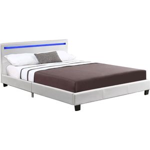 Juskys Gestoffeerd bed Verona 120x200 cm met LED-verlichting, lattenbodem en hoofdeinde, bed met frame van hout en kunstleer bekleding, wit