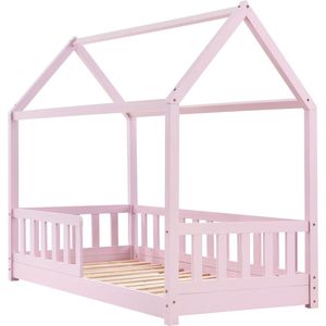Kinderbett Marli 80 x 160 cm mit Rausfallschutz, Lattenrost und Dach - Hausbett für Kinder aus Massivholz - Bett in Rose - Juskys