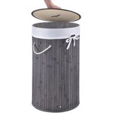 Juskys Bambus Wäschekorb Curly-Round 55 Liter Wäschesammler mit Deckel, Griff & Wäschesack – Grau