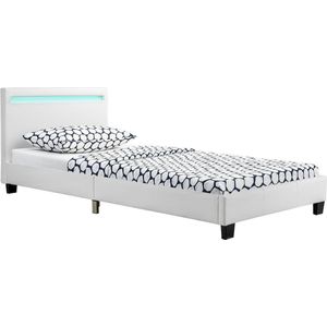 Juskys Gestoffeerd bed Verona 90 x 200 cm wit — bedframe incl. LED-verlichting, lattenbodem & hoofdeinde — bed met houten frame en kunstlederen bekleding