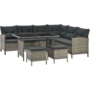 Juskys Polyrotan Lounge Manacor met hoekbank, eettafel, 2 krukken en kussens, weerbestendig, voor 7 personen, wasbare overtrekken, rotan tuinzitgroep, tuinlounge, tuinmeubelset, grijs-gemêleerd