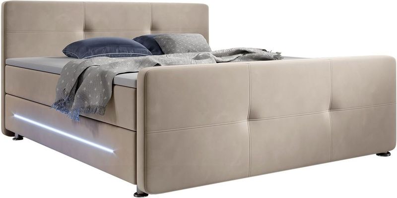Juskys - Boxspringbett Houston – Doppelbett mit LED-Beleuchtung, Topper & Bonell-Federkern-Matratzen – Bett Polsterbett mit Stoff - 140x200 cm Beige