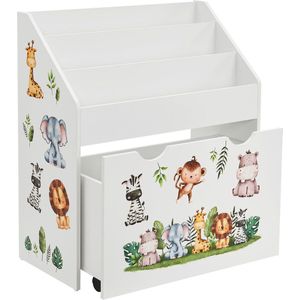 Juskys Kinderboekenkast met 3 vakken en speelgoedkist, houten rek, 63 x 30 x 70 cm, BTH voor het opbergen van boeken en speelgoed in de kinderkamer, wit