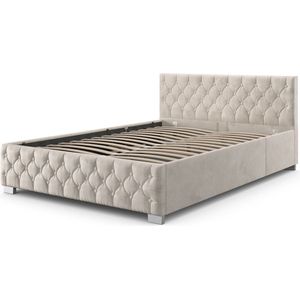 Gestoffeerd Bed Nizza - 140 x 200 cm - Beige - LED Verlichting & Bedlade