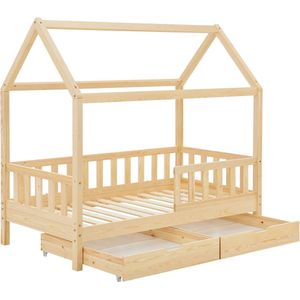 Juskys Kinderbed Marli 80 x 160 cm met bedlade, 2-delig, valbeveiliging, lattenbodem en dak, massief houten huisbed voor kinderen, bed in natuur