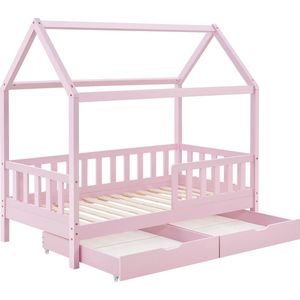 Juskys Kinderbed Marli 80 x 160 cm met bedlade, 2-delig, valbeveiliging, lattenbodem en dak, massief houten huisbed voor kinderen, roze bed