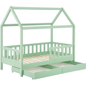 Juskys Kinderbed Marli 80 x 160 cm met bedlade, 2-delig, valbeveiliging, lattenbodem en dak, massief houten huisbed voor kinderen, bed in mint