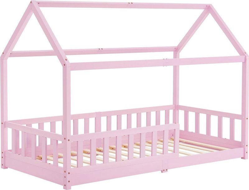 Kinderbett Marli 90 x 200 cm mit Rausfallschutz, Lattenrost und Dach - Massivholz Hausbett für Kinder - Bett in Rosa - Juskys