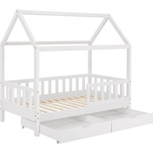 Juskys Kinderbed Marli 90 x 200 cm met bedlade, 2-delig, valbeveiliging, lattenbodem en dak, massief houten huisbed voor kinderen, bed in wit