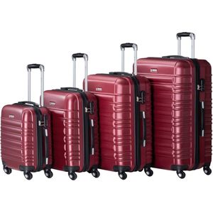 Juskys Harde kofferset, reiskoffer, 4-delig, cijferslot, geluidsarme 360° wielen, grote telescopische handgreep, licht, 4 hardcase-koffers, rood, 4-teilig, Kofferset