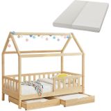 Kinderbett Marli 90 x 200 cm mit Matratze, Bettkasten, Rausfallschutz, Lattenrost & Dach - Massivholz Hausbett für Kinder - Bett in Natur - Juskys