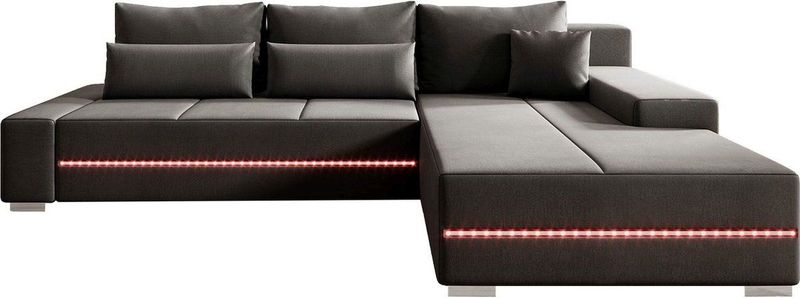 Juskys Sofa Davos Rechts mit Schlaffunktion - Ecksofa für Wohnzimmer mit Bettkasten & LED - Stoff Schlafsofa L Form Couch Beleuchtung - Dunkelgrau