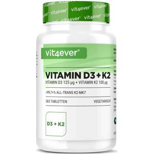 Vit4ever - Vitamine D3 + K2 Depot - 365 tabletten met 5000 I.E + Vitamine K2 200 mcg per ÉÉN tablet - 99.7+% All-Trans (K2VITAL® by Kappa) - Hoog Gedoseerd