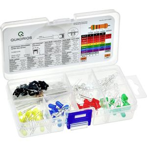 Quadrios GmbH Led superheldere 5 mm lichtdioden assortiment, set met voorweerstanden en documentatie, 130 delen, assortimentsdoos, rood/groen/geel/blauw/warmwit/koudwit en weerstanden 220/470/680/1000