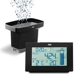 ADE Digitale regenmeter, vorstbestendig, met weerstation, draadloze buitenthermometer voor de tuin, binnenthermometer, wekkerradio met 2 wektijden, met datumweergave, inclusief batterijen