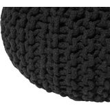 Poef ottomaan zwart gebreid katoen EPS vulling rond klein voetenbankje 40 x 25 cm