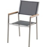 Tuinset tafel en 6 stoelen grijs RVS textiel zwart gebrand graniet tafelblad houtlook armleuningen