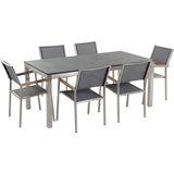 Tuinset tafel en 6 stoelen grijs RVS textiel zwart gebrand graniet tafelblad houtlook armleuningen