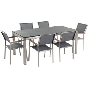 Tuinset tafel en 6 stoelen grijs RVS textiel zwart gebrand graniet tafelblad houtlook armleuningen