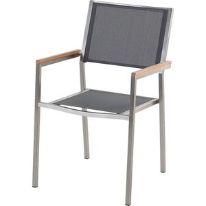 Tuinset tafel en 6 stoelen grijs RVS textiel zwart gepolijst graniet tafelblad houtlook armleuningen
