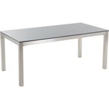 Tuinset tafel en 6 stoelen grijs RVS textiel grijs gepolijst graniet tafelblad houtlook armleuningen