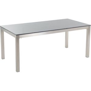 Tuinset tafel en 6 stoelen grijs RVS textiel grijs gepolijst graniet tafelblad houtlook armleuningen