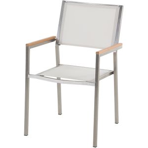 Tuinset tafel en 6 stoelen wit RVS textiel zwart gepolijst graniet tafelblad houtlook armleuningen