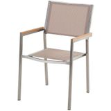 Tuinset tafel en 6 stoelen beige RVS textiel gepolijst graniet tafelblad houtlook armleuningen