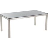 Tuinset tafel en 6 stoelen beige RVS textiel gepolijst graniet tafelblad houtlook armleuningen