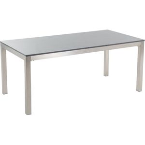 Tuinset tafel en 6 stoelen beige RVS textiel gepolijst graniet tafelblad houtlook armleuningen