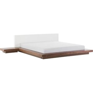 Bed bruin lattenbodem 180 x 200 cm houtfineer MDF plaat kunstleer met nachtkastjes elegante Japanse stijl