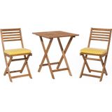 Balkonset tuintafel set van 2 stoelen lichtbruin acaciahout opklapbaar met lichtbruin/gele kussens