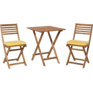 Balkonset tuintafel set van 2 stoelen lichtbruin acaciahout opklapbaar met lichtbruin/gele kussens